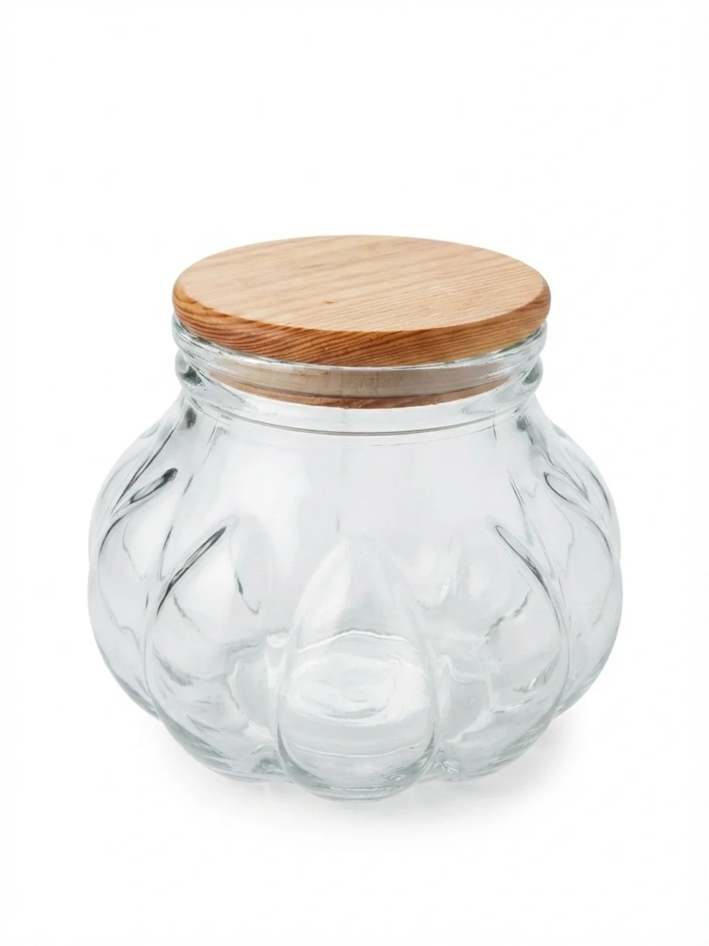 Vintage Pumpkin Potbelly Glass Apothecary Jar. Wood Lid. Canister 7.75